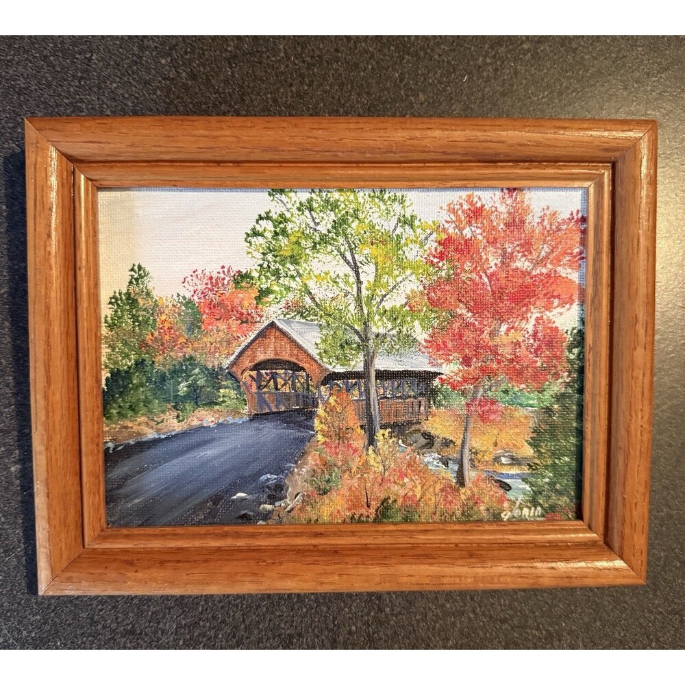 Gloria Dow Signed Acrylic Painting Sunday River Bridge Maine Fall Foliage Trees